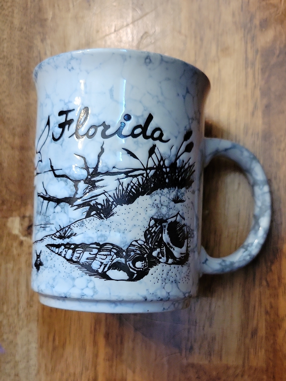 Florida Vintage Beach Marbleized Ceramic Mug In White & Black With Shells